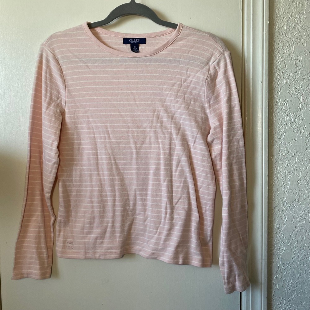 Chaps Balletcore Striped‎ Long Sleeve Top Pink White Cotton Blend Medium